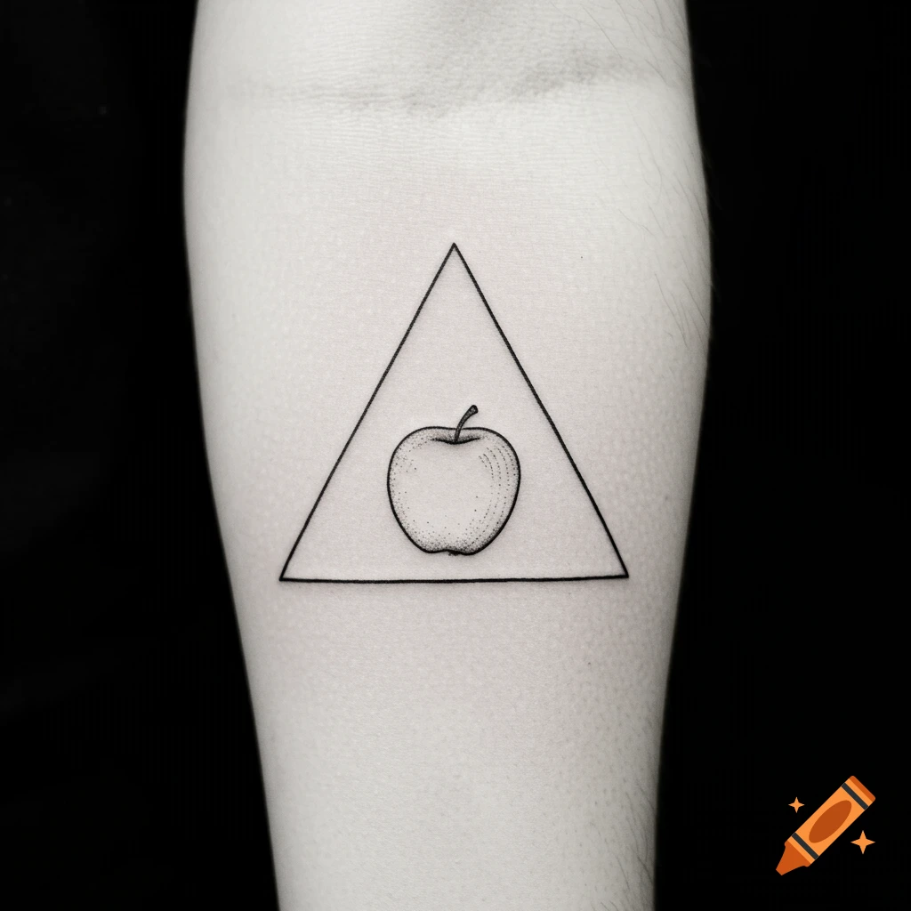 A black and white tattoo of a stippled apple inside a simple triangle on an arm.