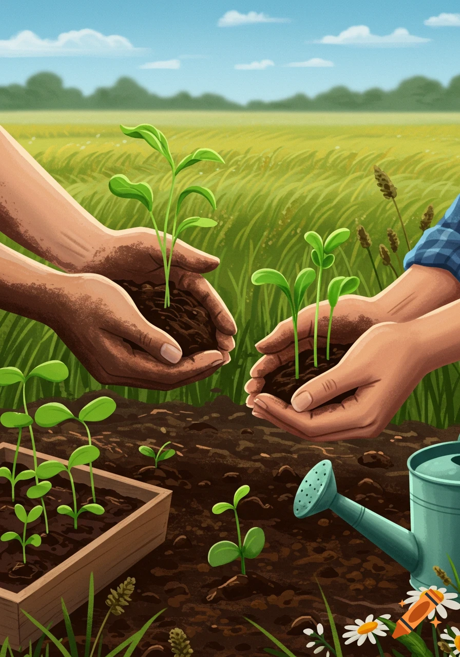 Illustrative image of two pairs of hands planting small green sprouts in rich soil within a grassy field, with a wooden planter and watering can.