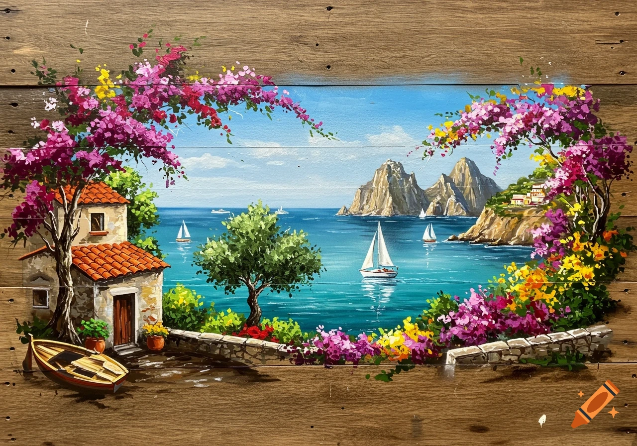 Vibrant painting on wood of a Mediterranean coastal scene with a rustic house, boat, colorful bougainvillea, sailboats on turquoise water, and rocky islands.