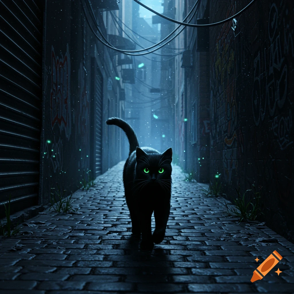 A black cat with glowing green eyes walks down a dark, misty cobblestone alleyway with graffiti-covered walls and floating green particles.