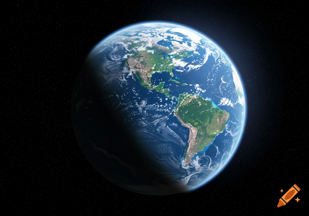 A realistic view of Earth from space, showing North and South America, clouds, and oceans, against a starry black background.