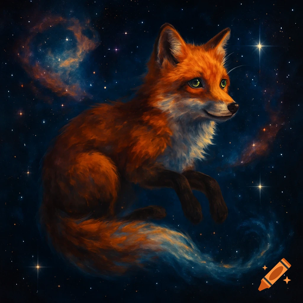 A vibrant orange fox with bright green eyes floats in deep space, surrounded by nebulae and twinkling stars, in a digital art style.