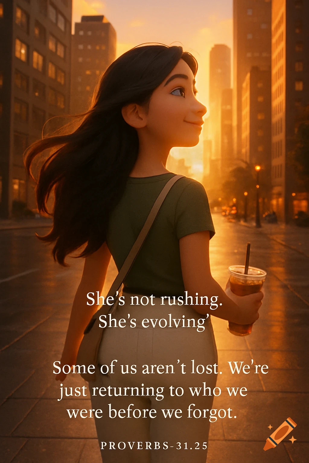A Pixar-style animation of a young woman with dark hair walking through a golden-hour city street with text overlayed.