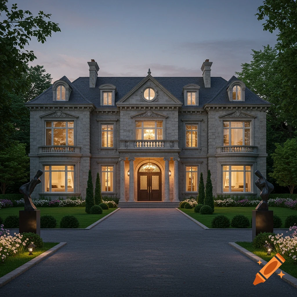 A grand, photorealistic stone mansion illuminated at dusk, featuring a long driveway, manicured gardens, and ornate details.