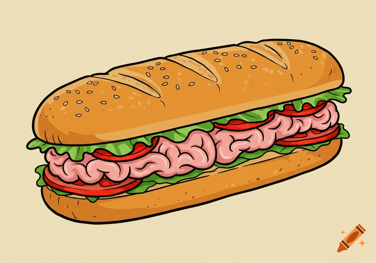 A cartoon hoagie sandwich filled with pink brains, green lettuce, and red tomatoes on a beige background with a paper texture.