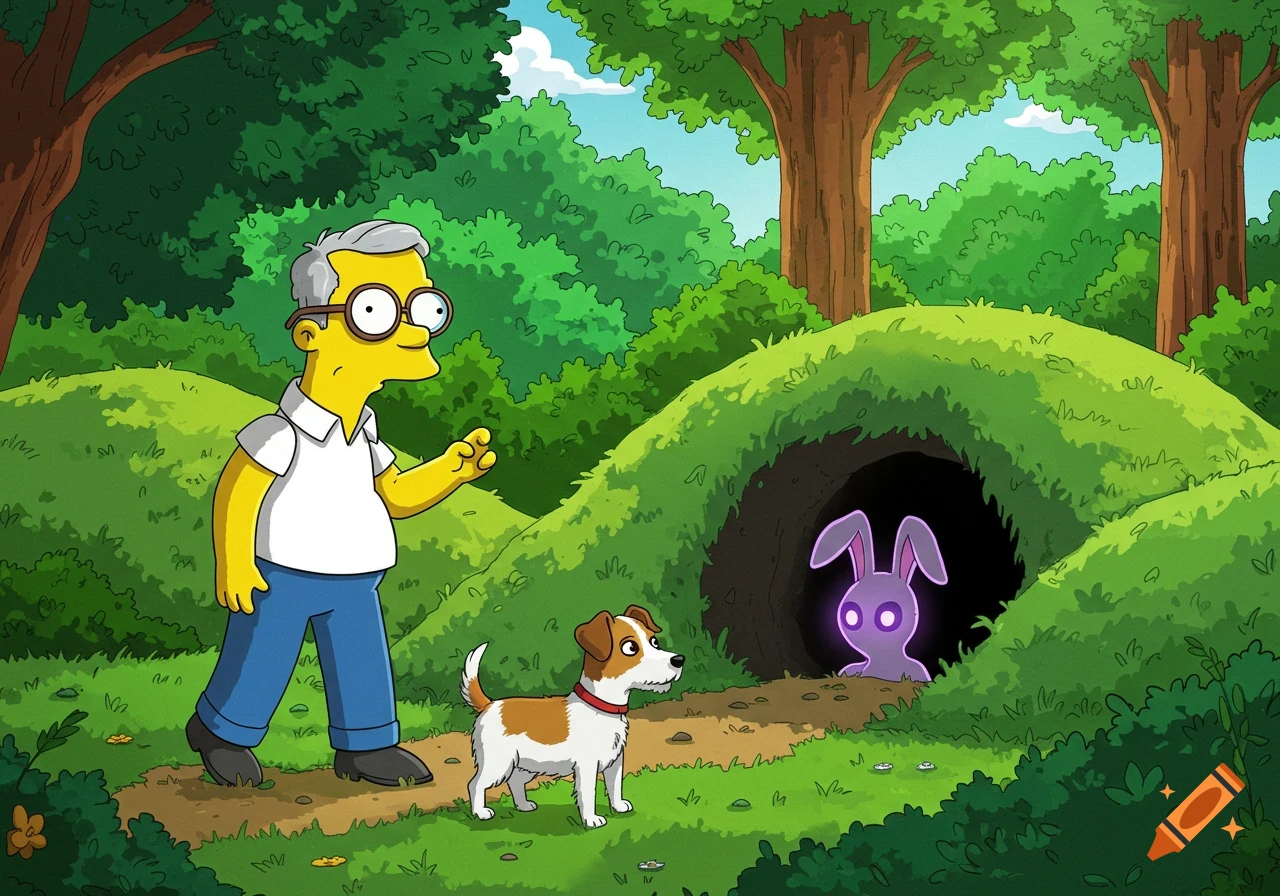 A yellow-skinned cartoon man with glasses walks a Jack Russell Terrier towards a dark cave in a forest, where a glowing purple rabbit head emerges.