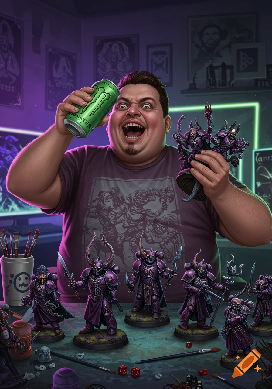 A delighted man holds a green Monster energy drink and purple Slaanesh Warhammer miniatures, with more miniatures and painting supplies on a table.