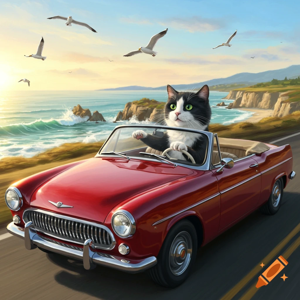 A black and white cat drives a red vintage convertible along a scenic coastal road with the ocean and seagulls.