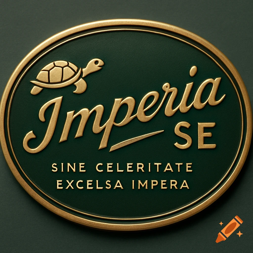 A vintage-style oval badge with a gold turtle and 'Imperia SE' text on a dark green background.