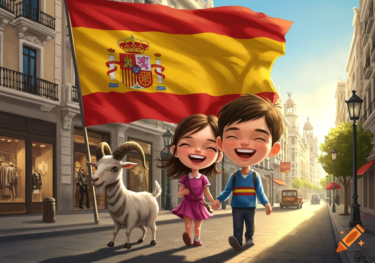 Cartoon boy and girl walk a white goat on a sunny Madrid street with a Spanish flag flying overhead.