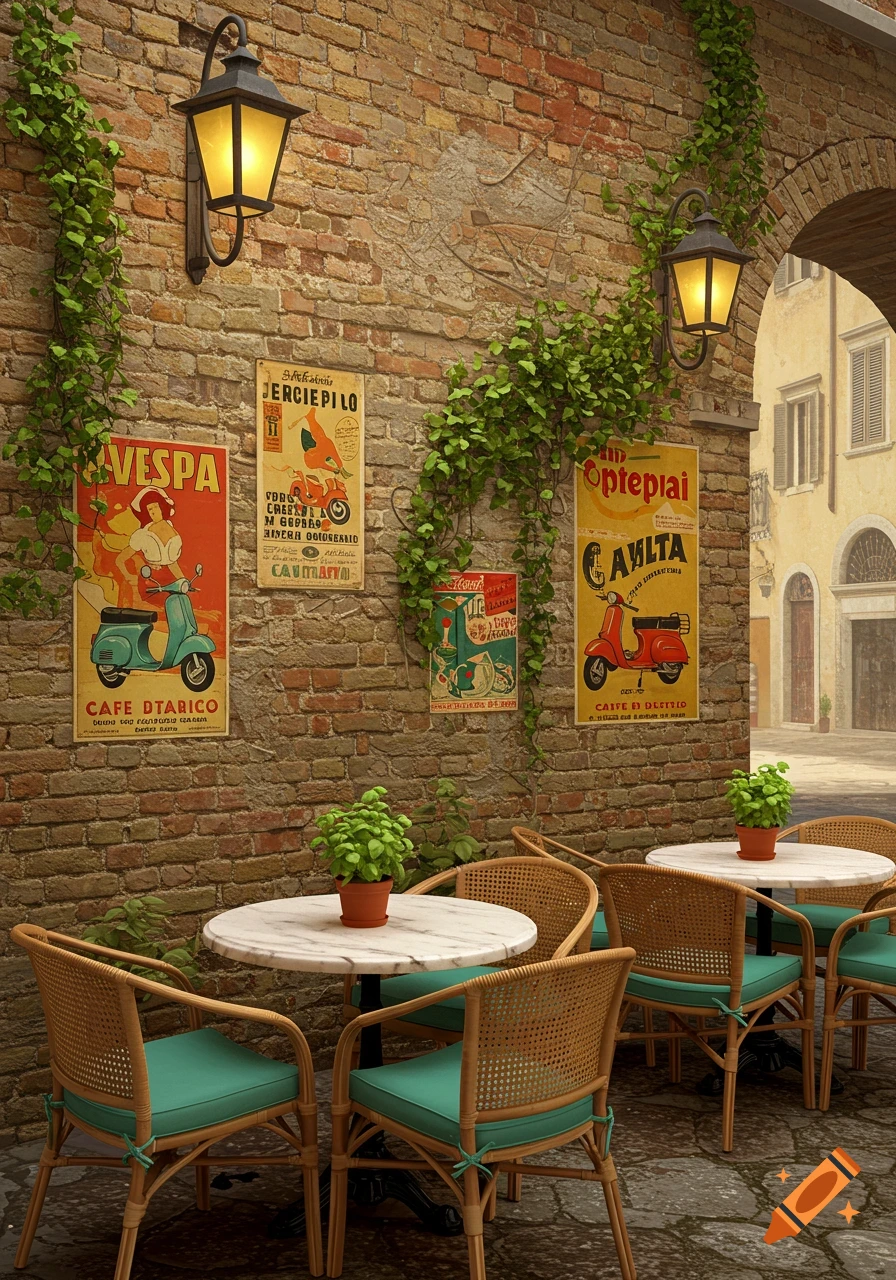 An inviting outdoor cafe scene with wicker chairs, marble tables, and potted plants against an ivy-covered brick wall with vintage-style Italian posters.