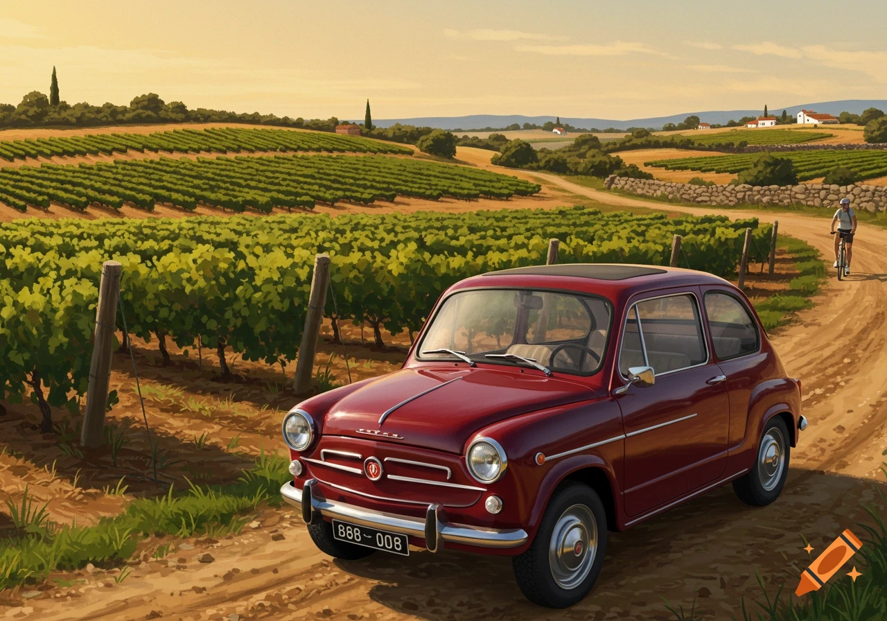 A red vintage car is parked on a dirt road next to a vineyard under a clear sky, with a person cycling in the distance.