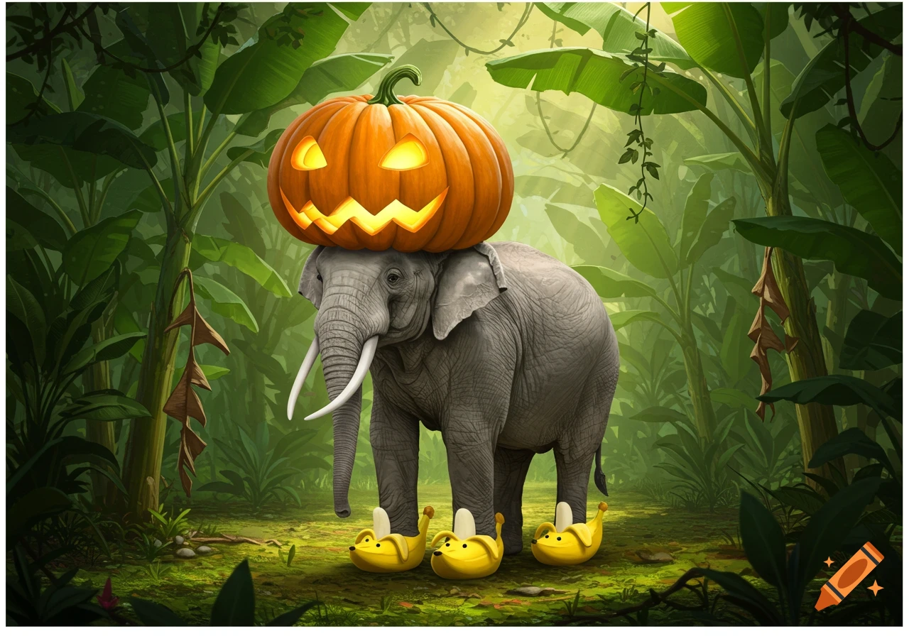 An elephant wears a carved pumpkin hat and yellow banana shoes in a vibrant green jungle setting.