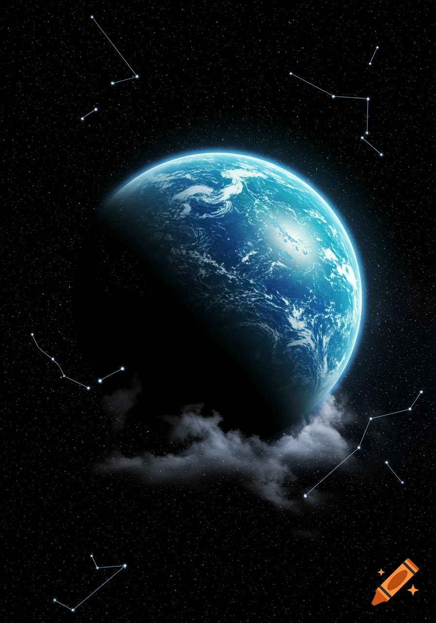 A large, vibrant blue and white planet is partially illuminated against a dark, star-filled cosmic background with visible constellations and wispy clouds.