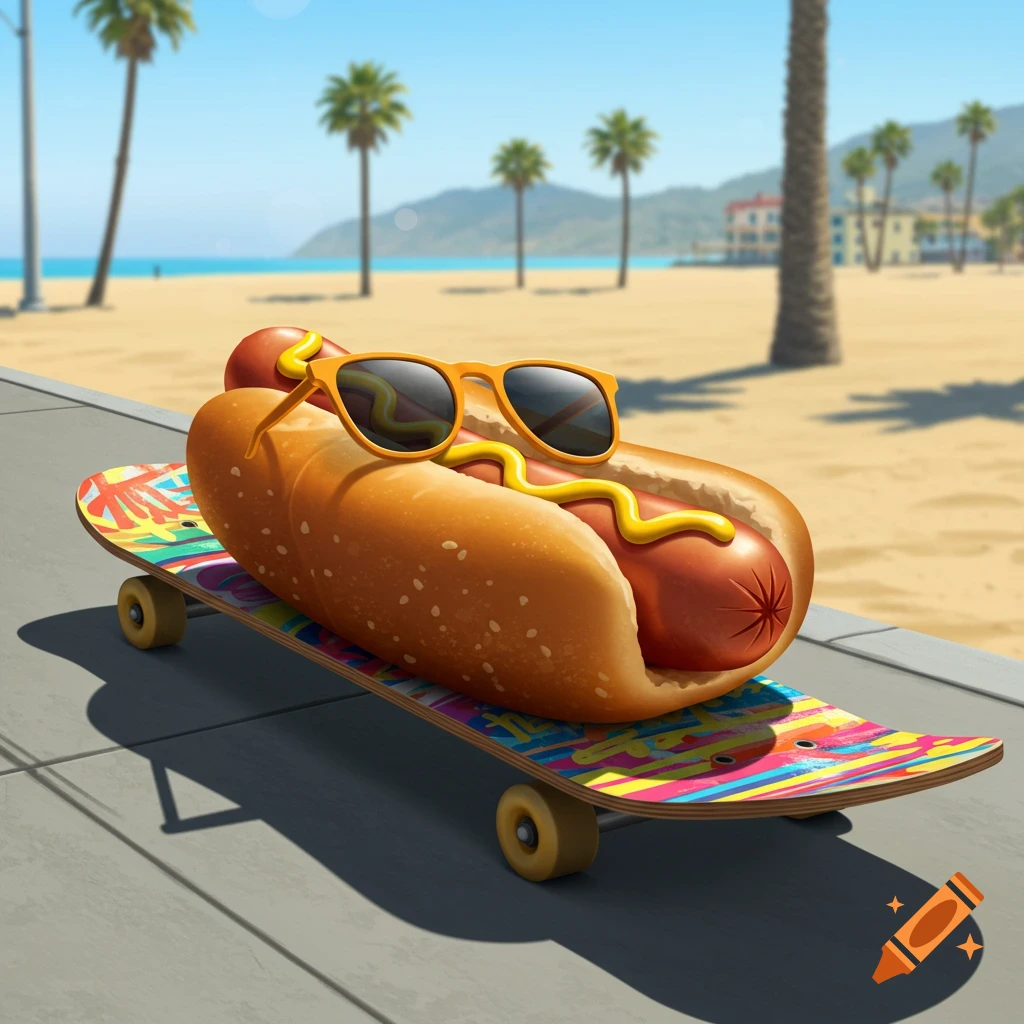 A cartoon hot dog wearing sunglasses rests on a colorful skateboard on a boardwalk by a sandy beach with palm trees and ocean.