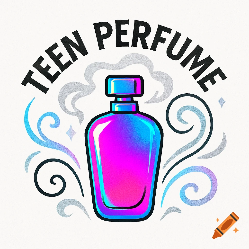 A vibrant logo featuring a purple and blue perfume bottle, with the words 'TEEN PERFUME' arched above it, surrounded by swirls.