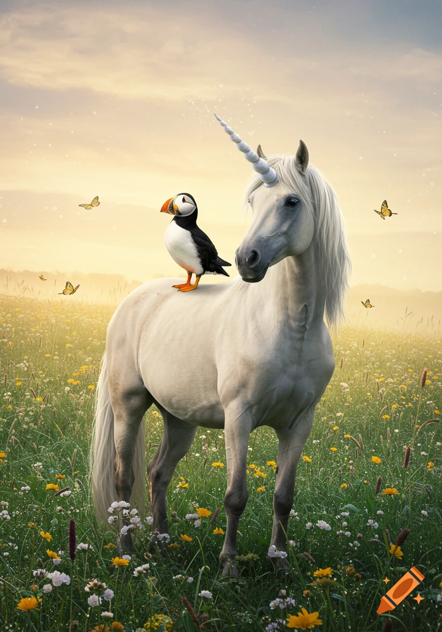 A photorealistic image of a white unicorn standing in a field of wildflowers with a puffin on its back and butterflies flying around.
