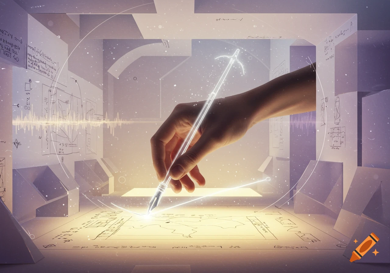 A human hand holds a glowing stylus, drawing lines and symbols on a luminous digital surface with technical diagrams in a futuristic setting.