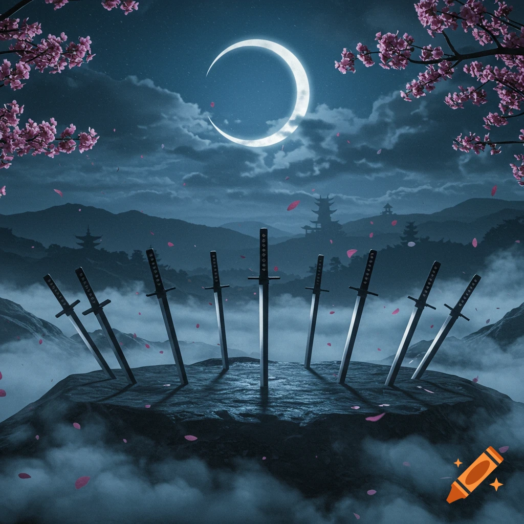 Multiple samurai swords stuck into a rocky mound under a crescent moon, surrounded by mist, cherry blossoms, and distant Japanese pagodas at night.