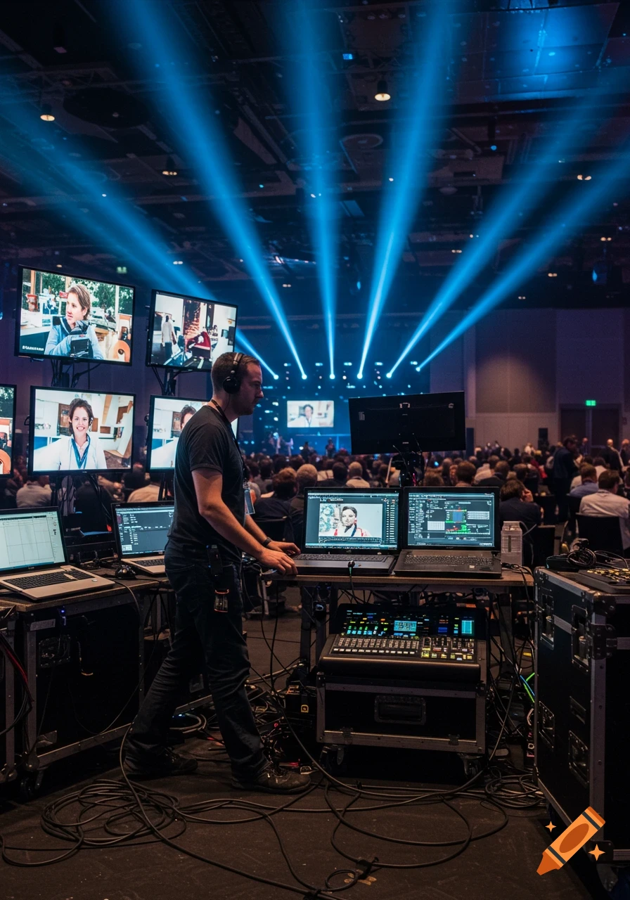 A video technician in headphones operates multiple screens, laptops, and sound mixers during a conference, lit by blue spotlights.