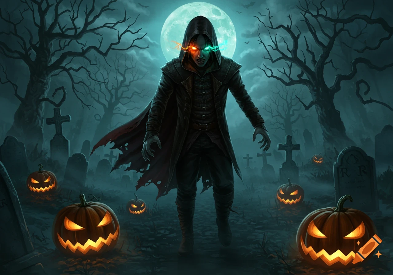 A hooded figure with glowing red and green eyes walks through a misty, moonlit graveyard with jack-o'-lanterns and bare trees.