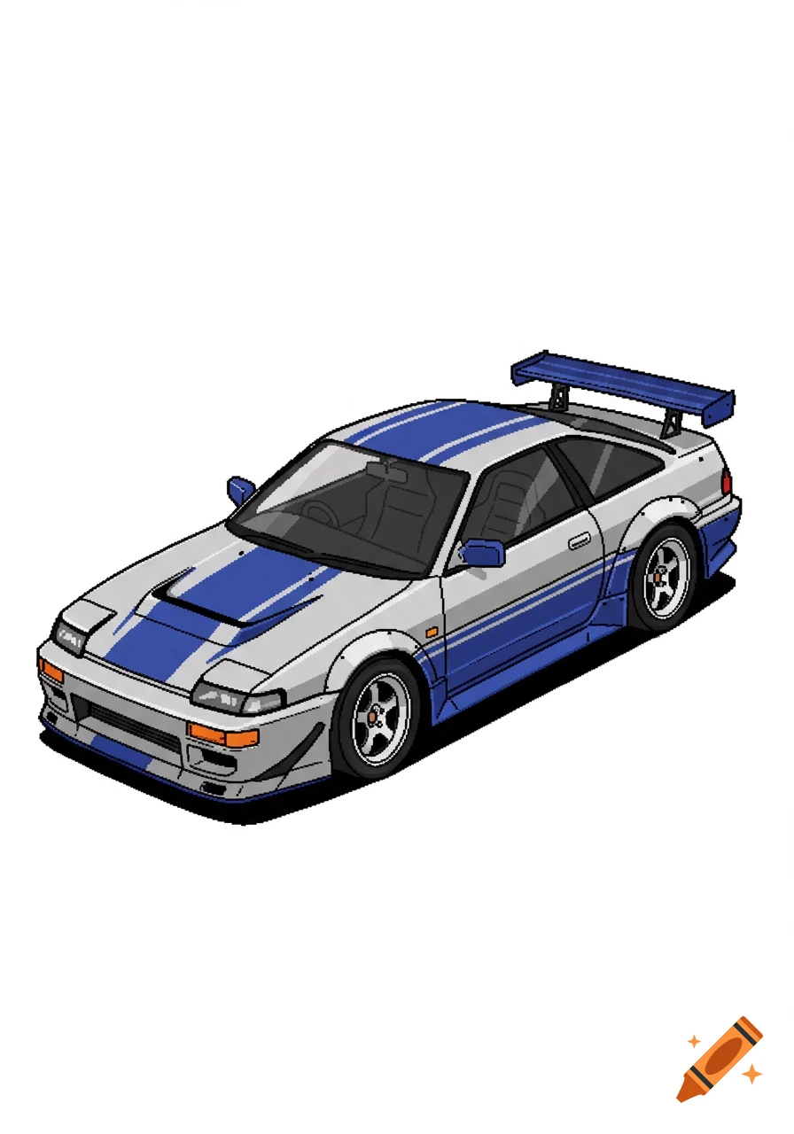 A silver two-door sports car with blue racing stripes and a large rear spoiler in pixel art style.
