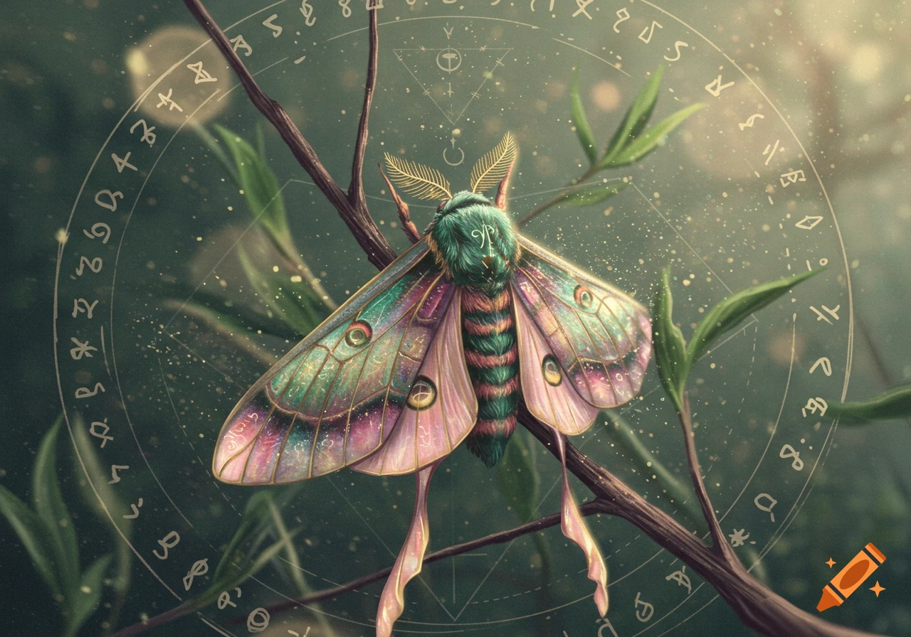 A vibrant, iridescent moth with intricate wings and feathery antennae sits on a branch, surrounded by glowing mystical symbols and particles in a lush, dark green setting.