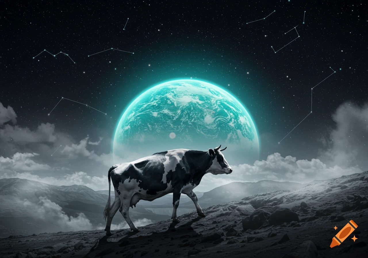 A black and white cow walks on a dark, rocky moon-like surface under a starry night sky with a huge glowing teal planet and constellations.