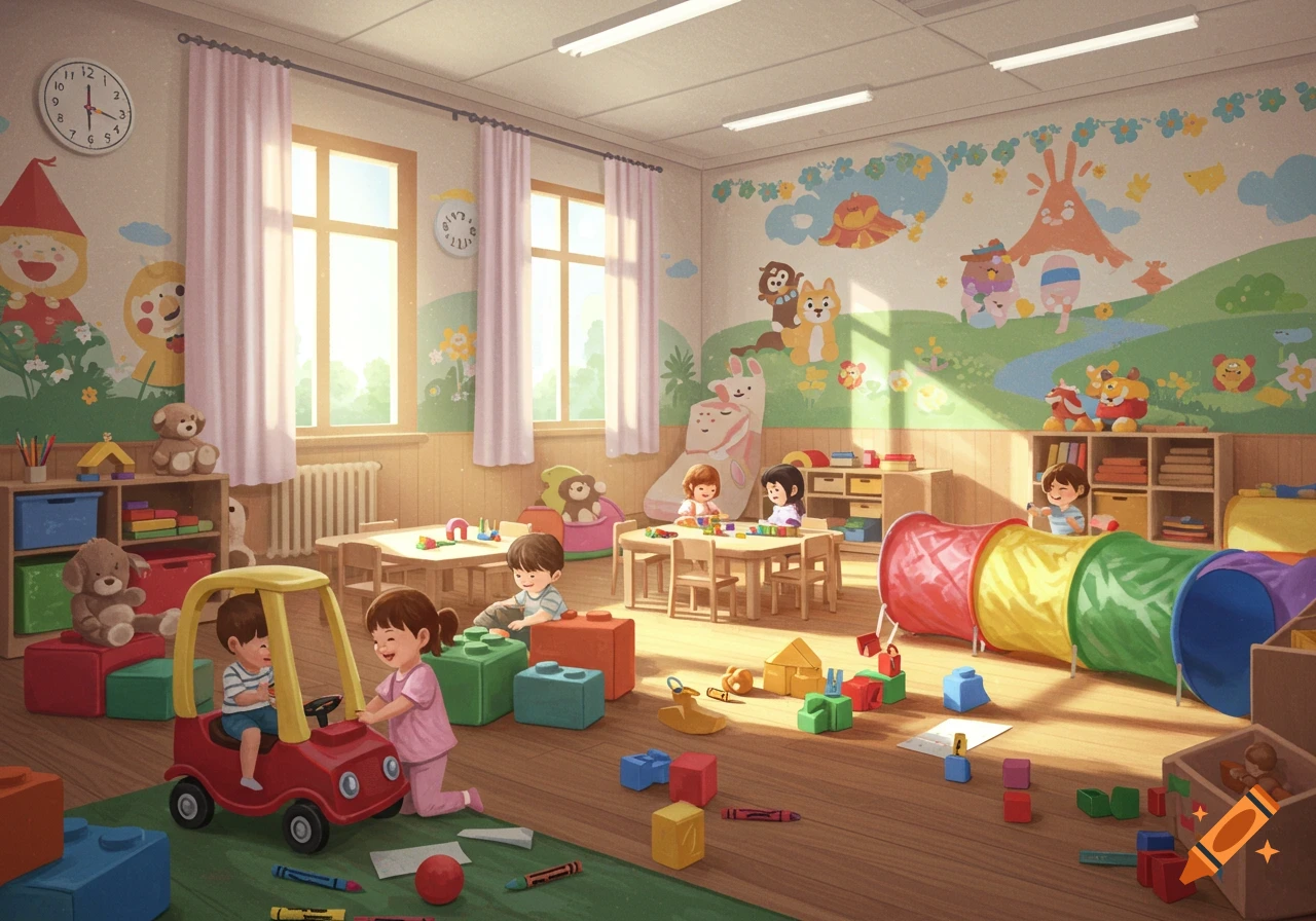 Brightly lit daycare room with children playing with various toys like blocks, a ride-on car, and a colorful tunnel, alongside tables and chairs, and wall murals.