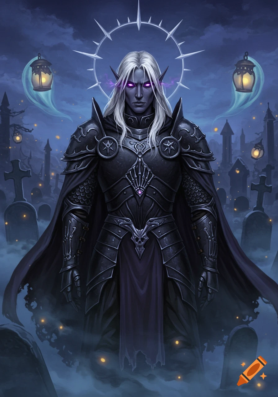 A dark-skinned male drow paladin with white hair and glowing purple eyes, wearing ornate black armor and a cape, stands in a misty graveyard at night with a spiky halo.