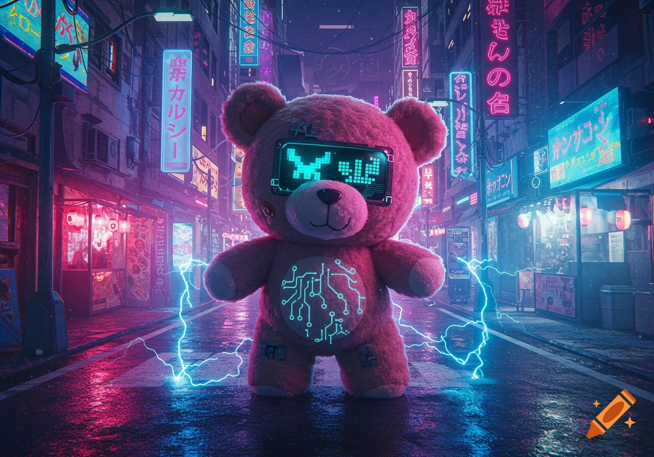 A pink cyber teddy bear with a pixelated screen face and circuit board on its chest stands on a wet cyberpunk street at night, glowing with blue electricity.