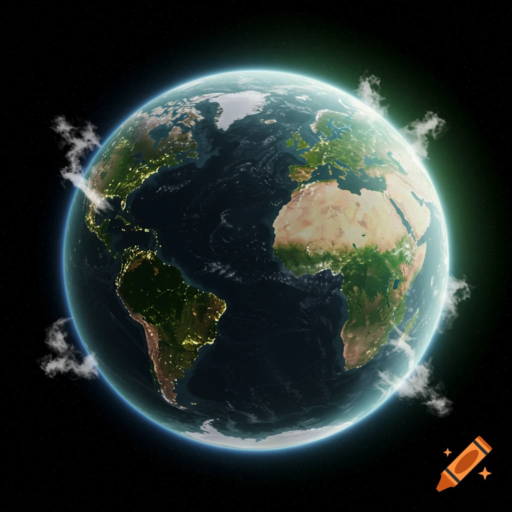 A detailed, photorealistic view of Earth from space at night, showing illuminated continents and an atmospheric glow.