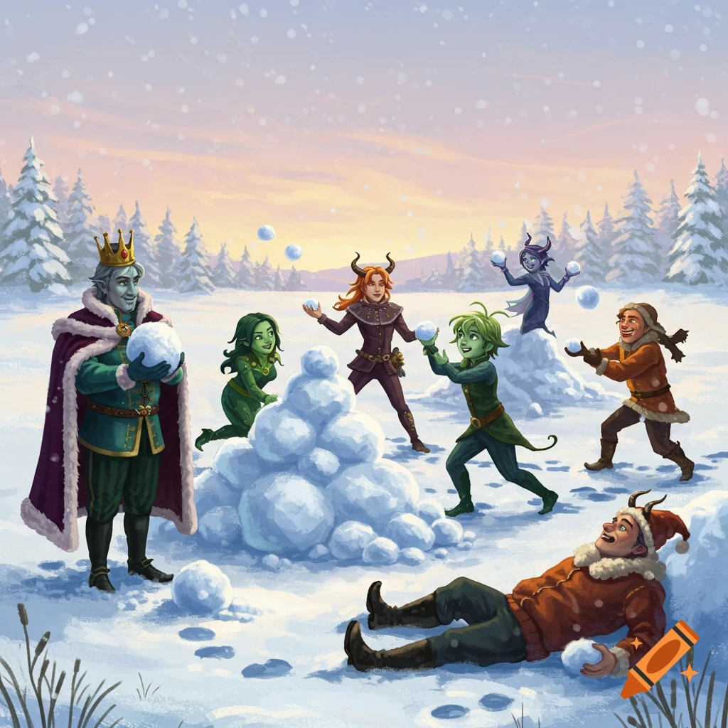 A diverse group of fantasy characters, including a crowned king, having a snowball fight in a snowy winter forest at sunset.