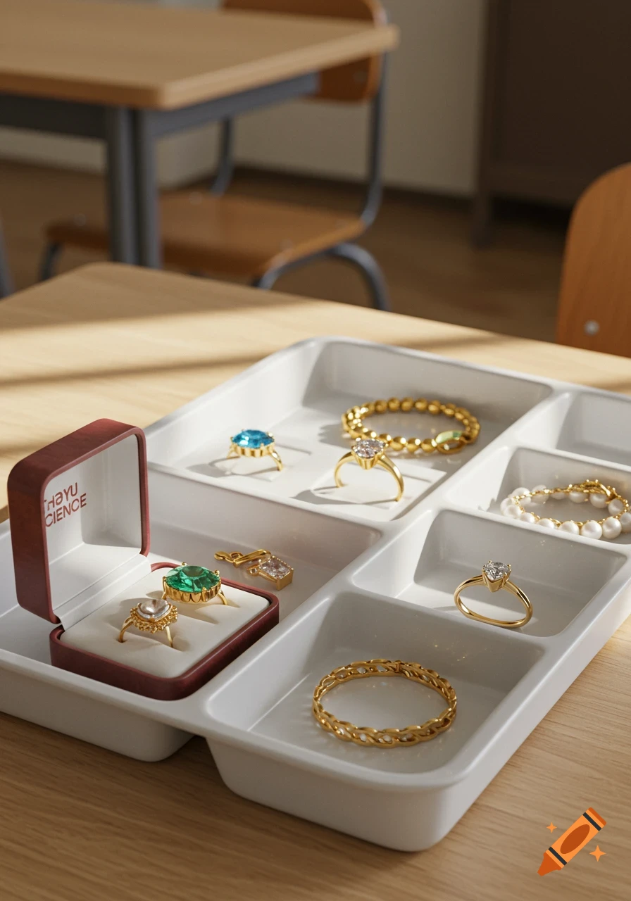 Photorealistic close-up of rings, bracelets, and gems in a white school tray on a wooden table with a blurred background.