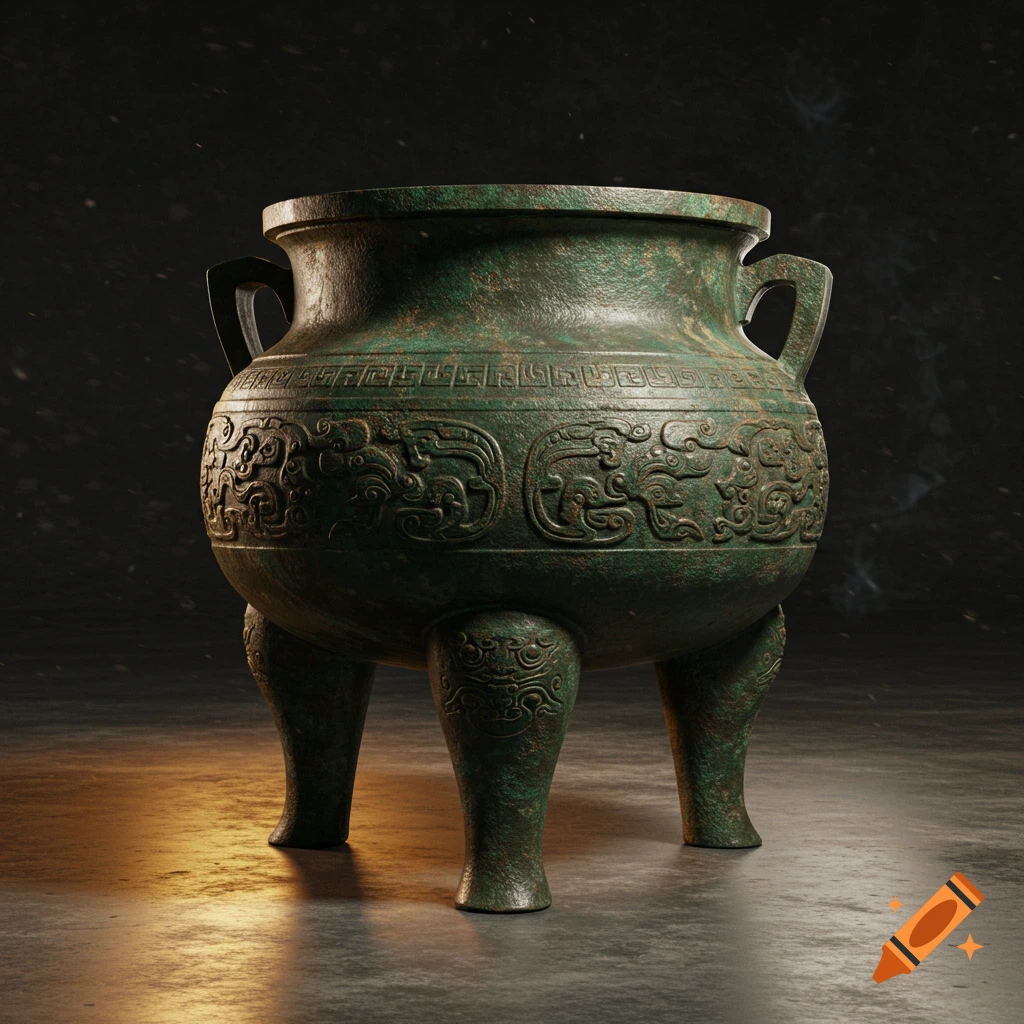 A photorealistic image of an ancient Chinese bronze ritual ding vessel with intricate taotie designs.