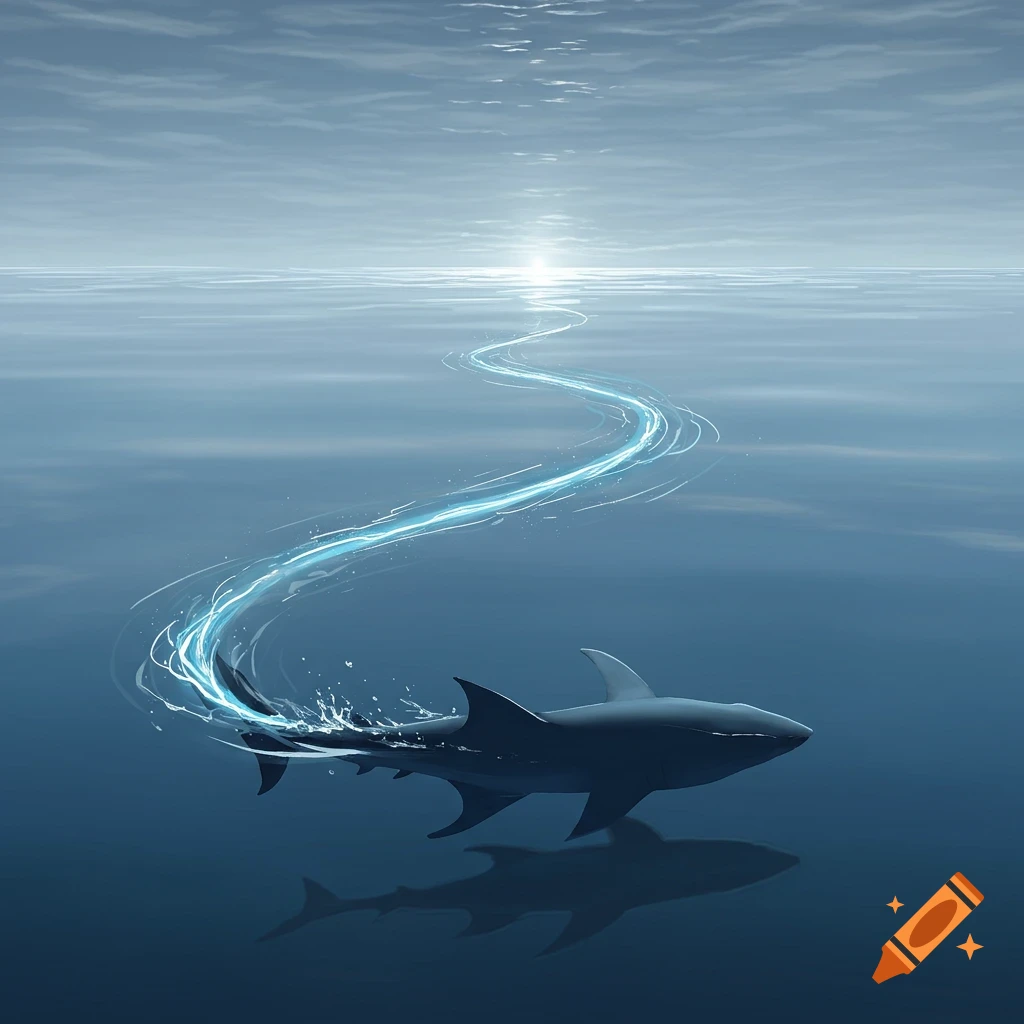 A stylized shark swims under calm blue water, leaving a glowing blue light trail, with a bright sun reflection on the horizon.