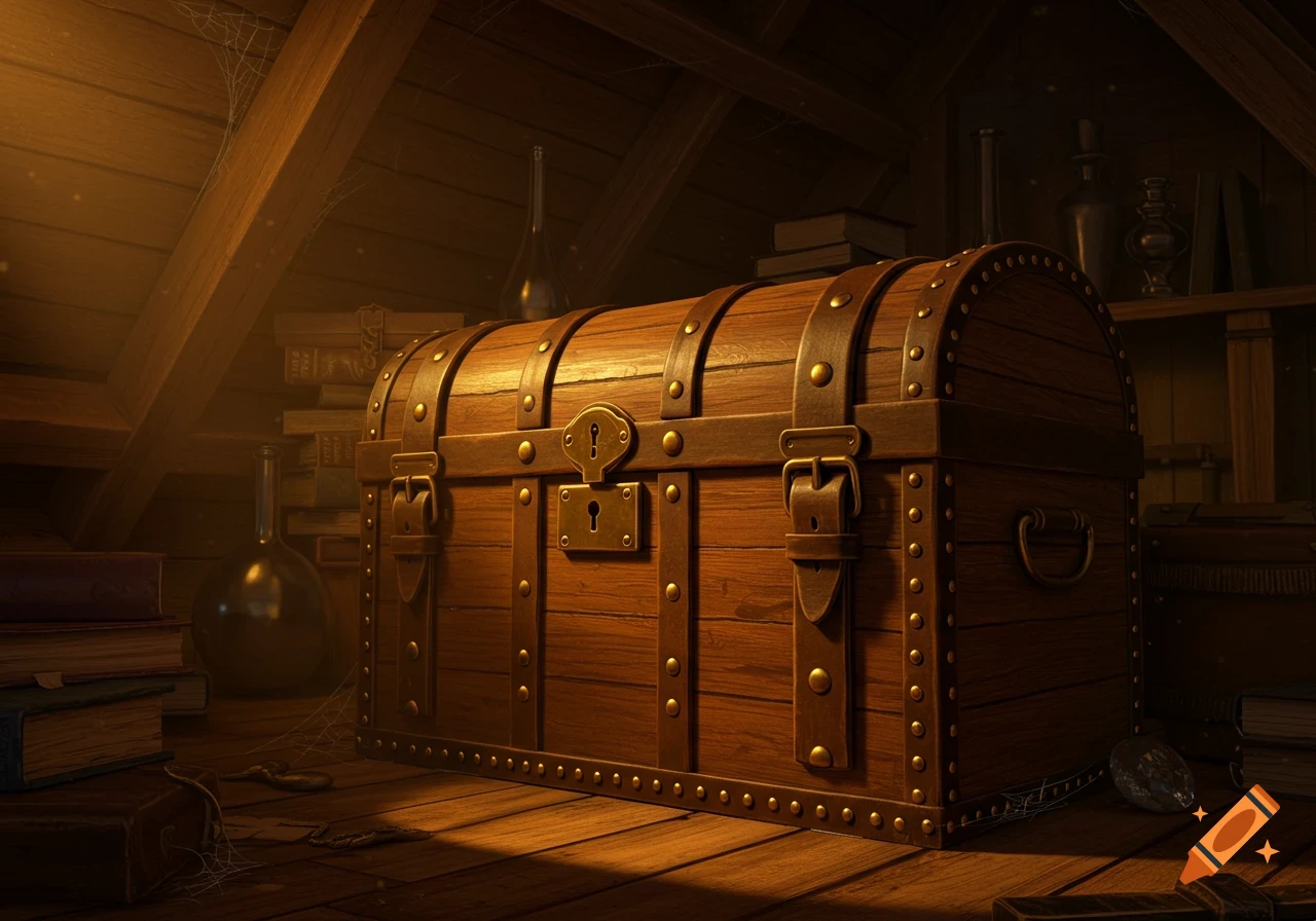 A detailed wooden treasure chest with brass fittings rests on a dusty attic floor, surrounded by old books and bottles.