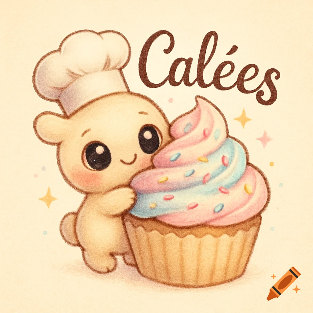 A cute, chef-hatted creature hugs a giant cupcake with pink and blue frosting and sprinkles. Text 'Calées' above.