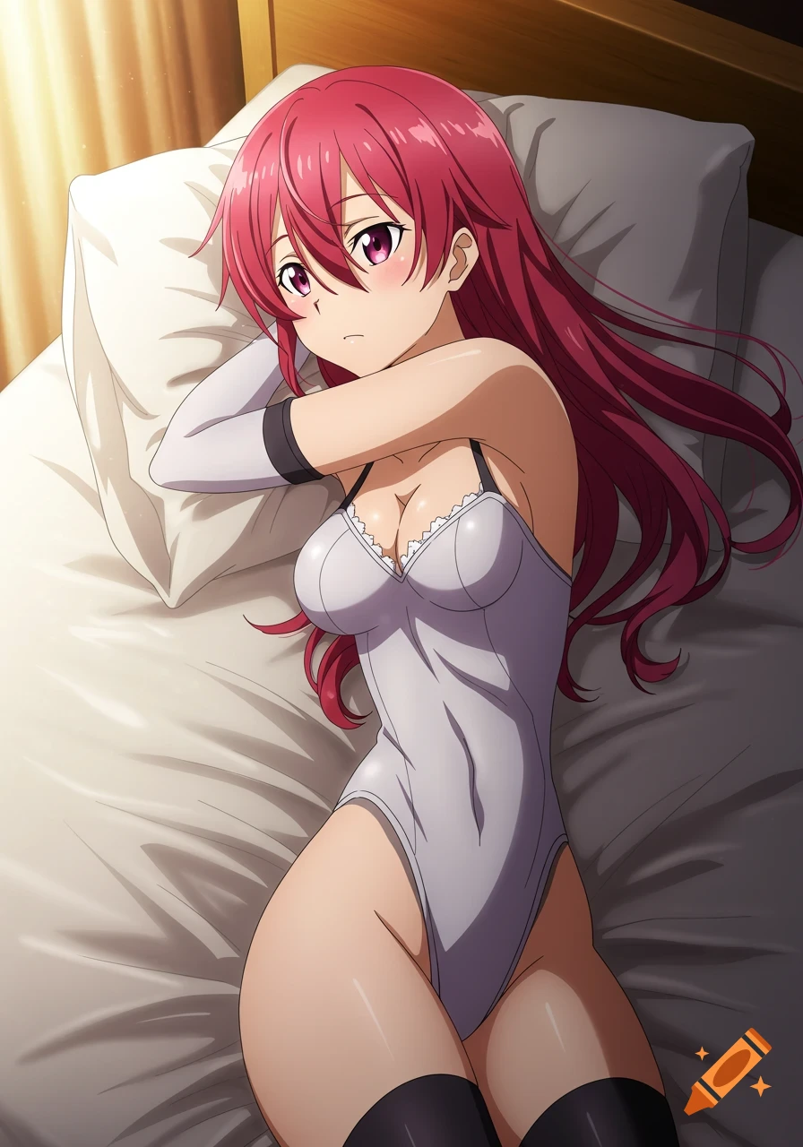 An anime girl with long red hair lies on her back on a bed, wearing a white bodysuit and black thigh-highs.