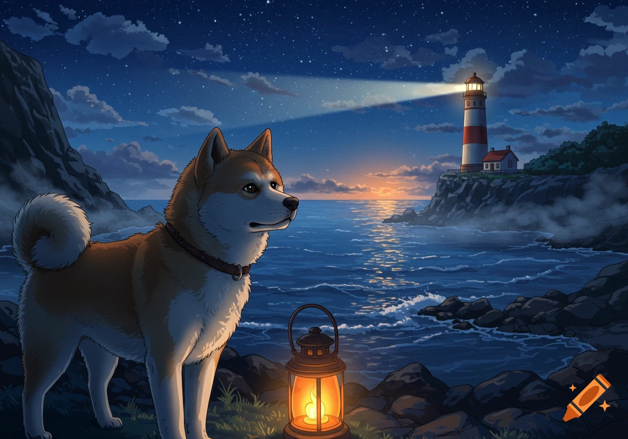 An Akita Inu dog stands by a lantern on a rocky shore at night, looking towards a lit lighthouse with a sunset glow on the horizon in anime style.