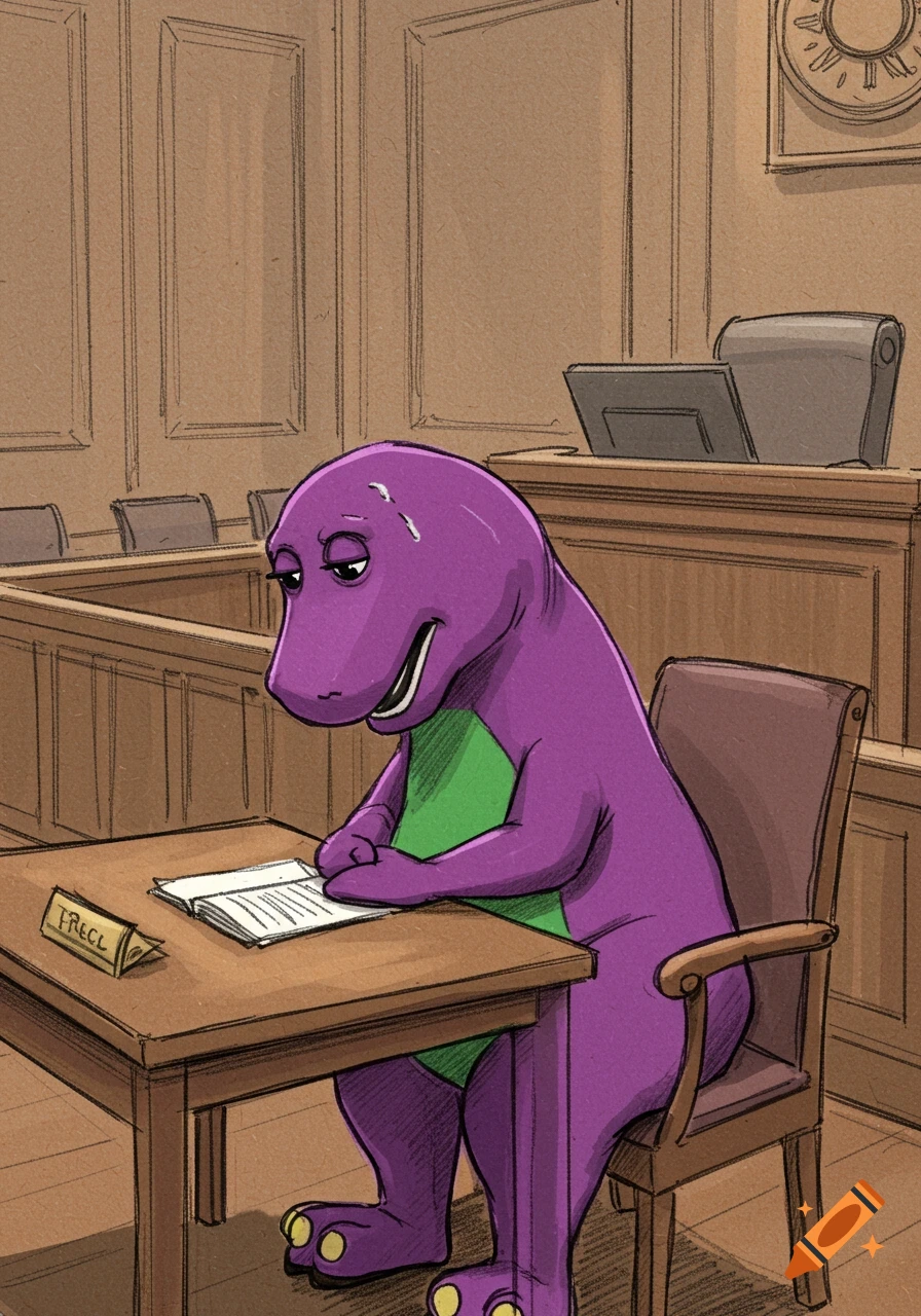 A cartoon sketch of a sad Barney the purple dinosaur sitting at a defendant's table in a courtroom, head bowed, with a nameplate reading "TRECL".