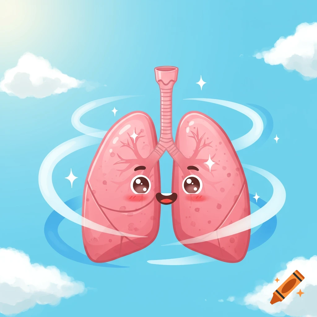 Happy cartoon lungs with a trachea float in a blue sky with clouds, surrounded by clean air sparkles.