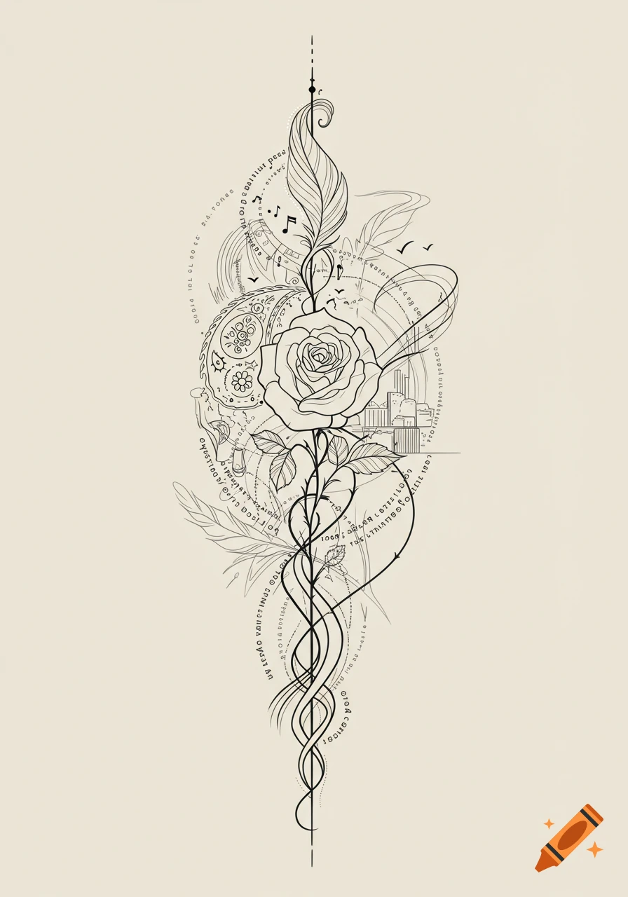 Fine line tattoo design with a central rose, feather, musical notes, swirling vines, and abstract elements in black on a light background.