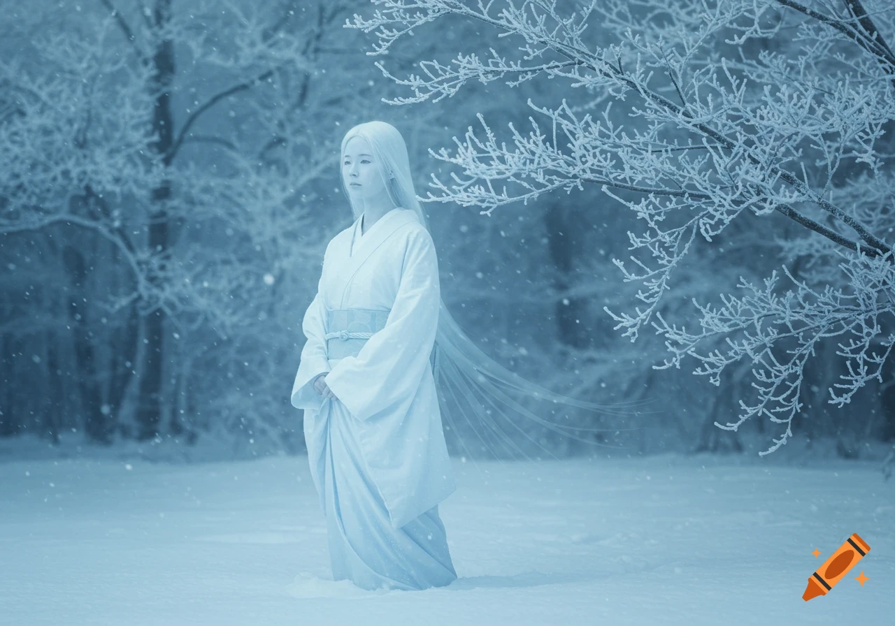 A woman with long white hair in a white kimono stands in a snowy forest during snowfall, in a muted blue tone.