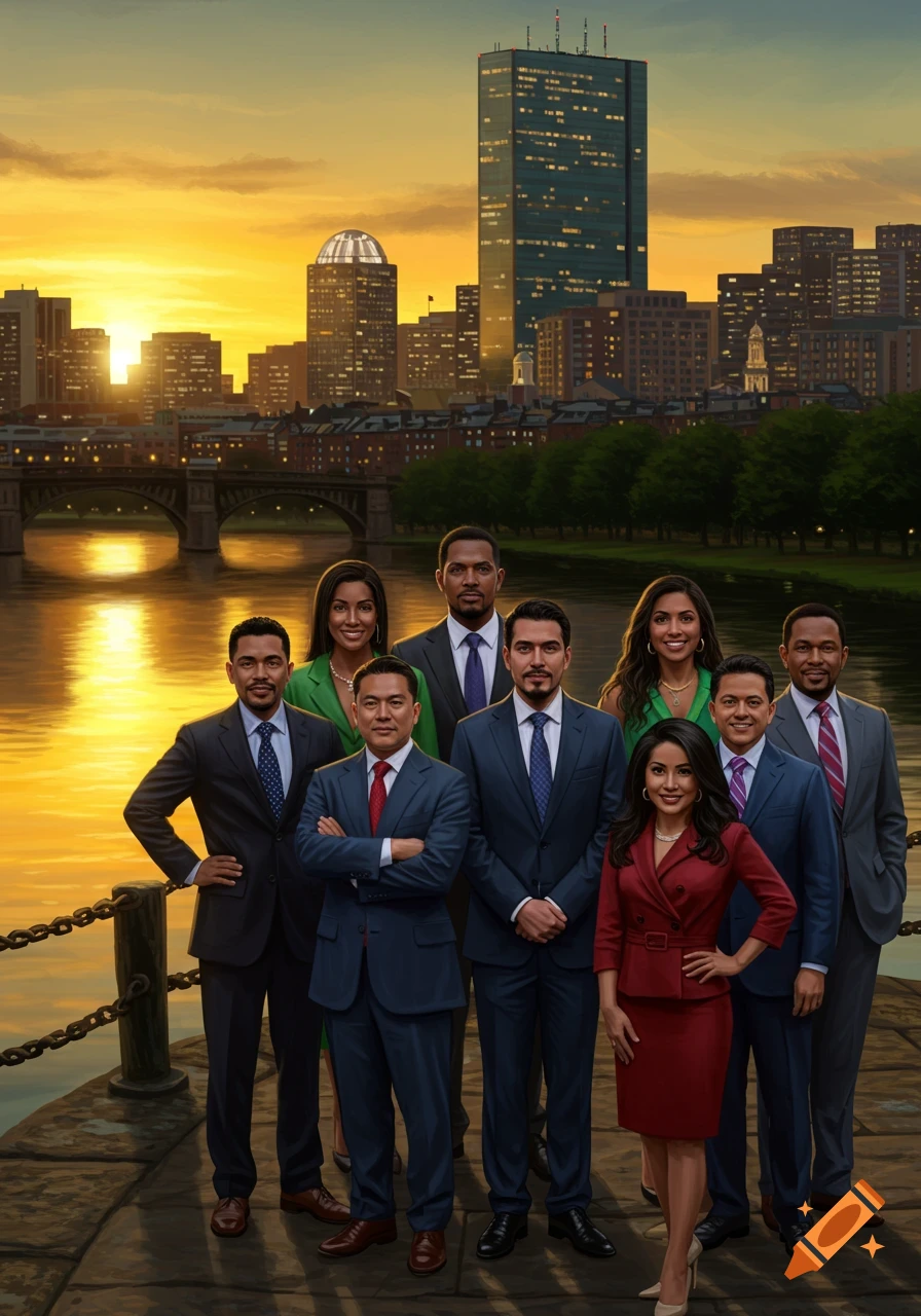 A diverse group of eight professionals in suits and business attire stand on a dock with a city skyline and sunset over a river.