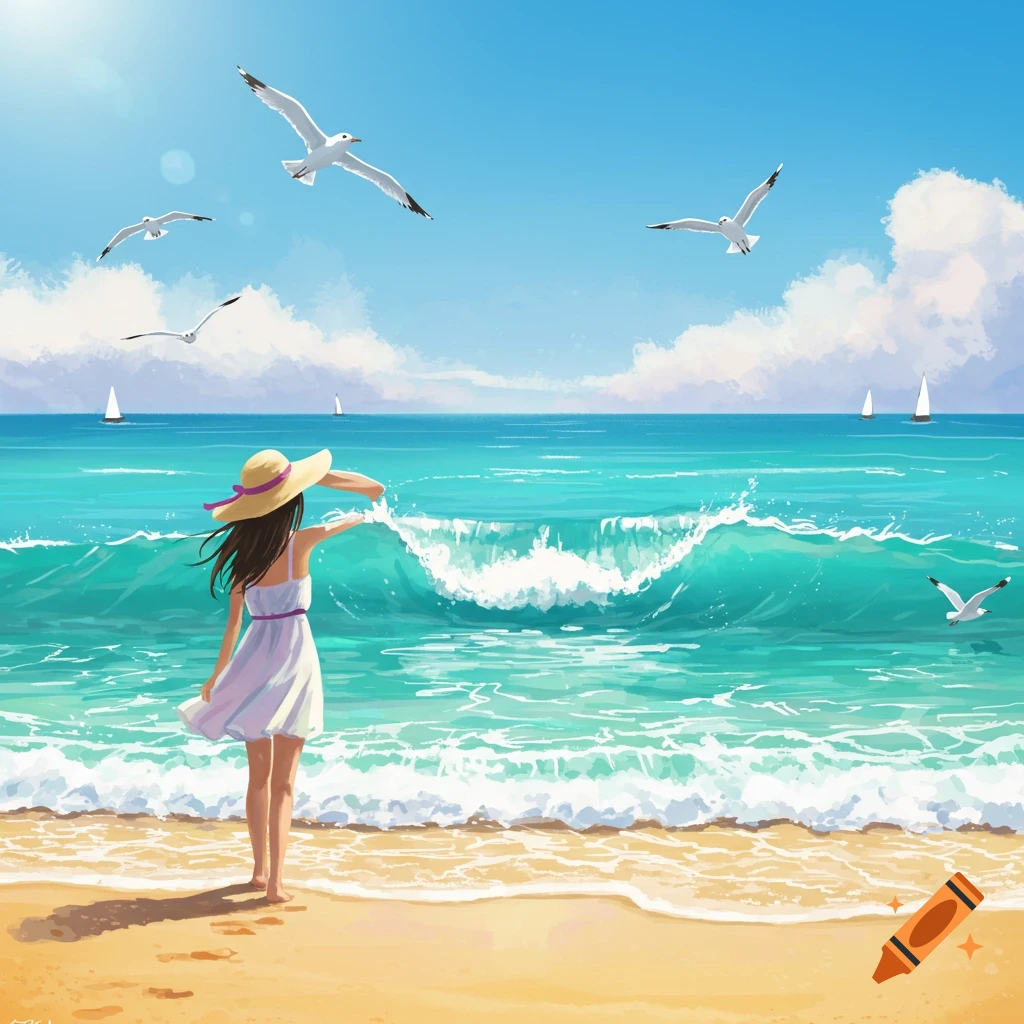 Anime illustration of a girl in a sundress and hat on a sandy beach, looking at turquoise ocean waves, sailboats, and seagulls.