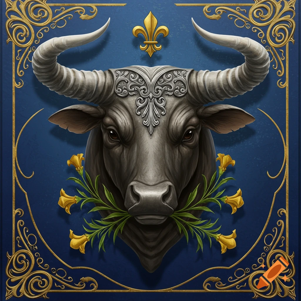 A stylized bull's head with silver ornate headpiece, holding yellow flowers, on a deep blue background with a gold fleur-de-lis and ornate gold frame.