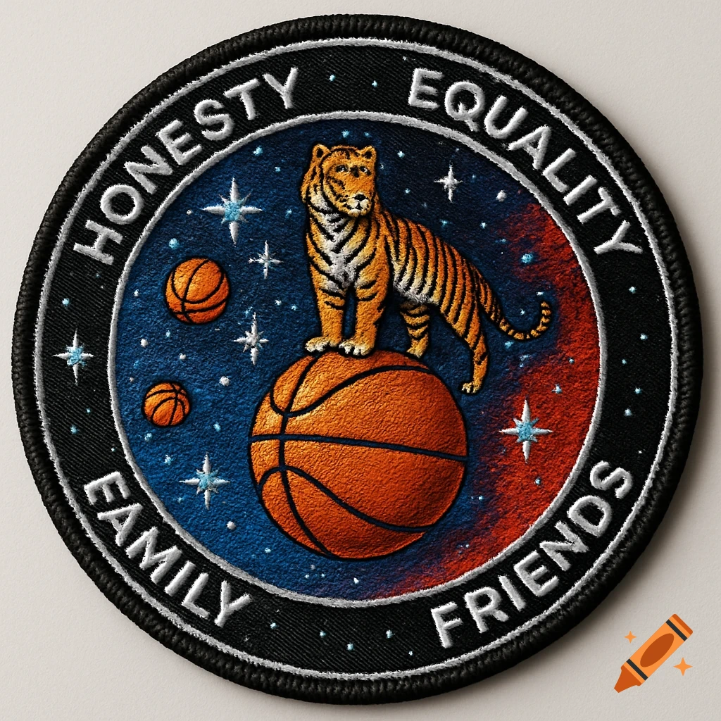 Embroidered mission patch with a tiger on a basketball, starry blue and red background, text 'HONESTY EQUALITY FAMILY FRIENDS'.
