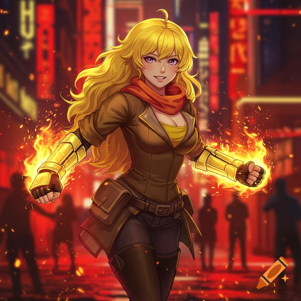 A blonde anime girl with purple eyes, wearing a brown jacket and orange scarf, stands with flaming fists in a red-lit city street.