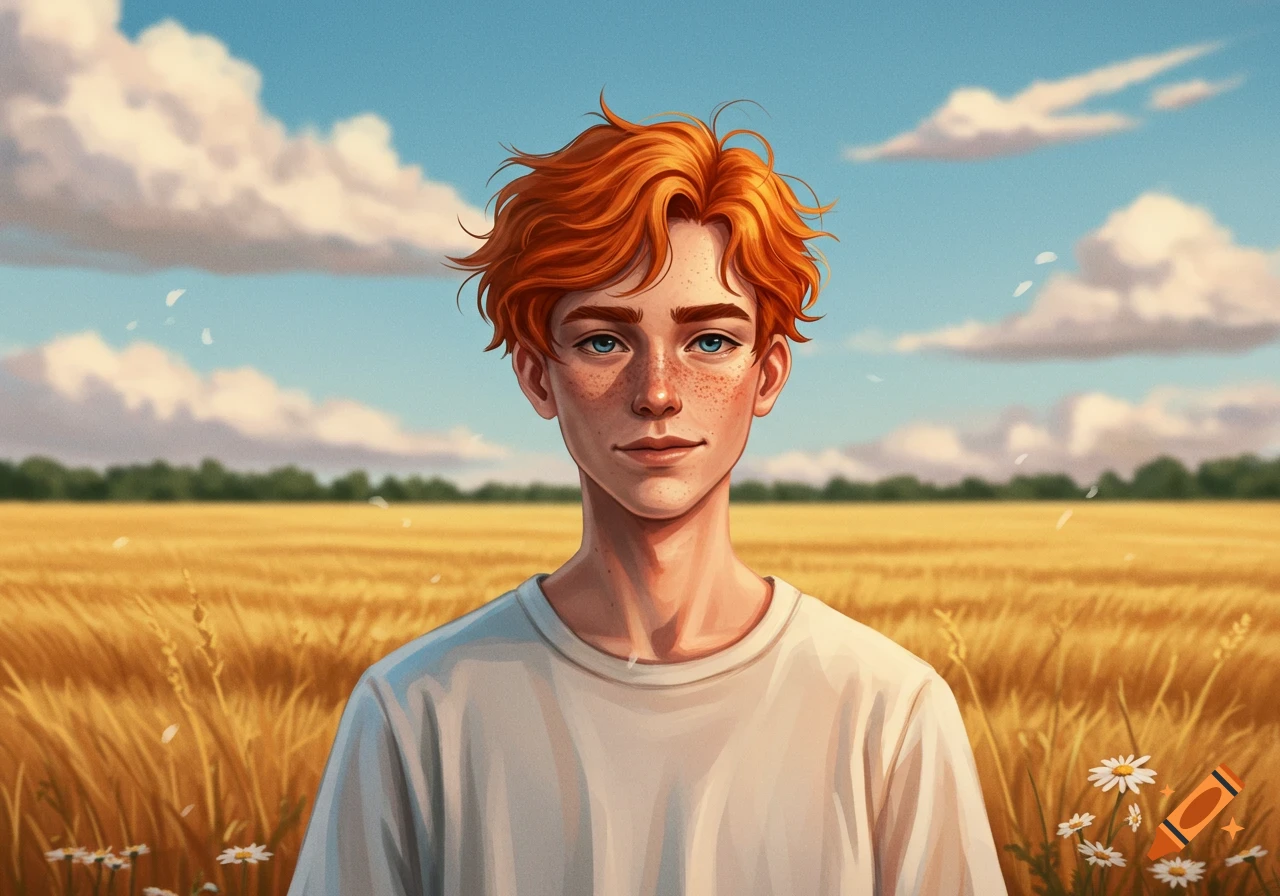 A smiling young man with bright red hair and freckles in a white t-shirt stands in a sunlit golden wheat field under a blue sky.